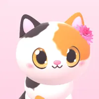 Calico cat with a pink dahlia behind her ear
