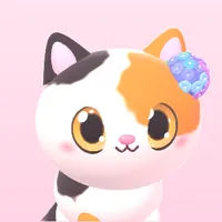 Calico cat with a blue hydrangea behind her ear