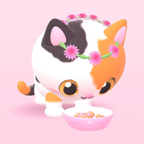 A calico cat in a dahlia crown eating from a pink bowl.
