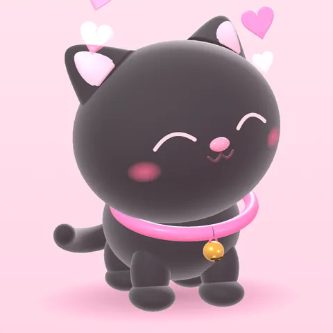 A black cat with her eyes happily closed as pink hearts float up around her.