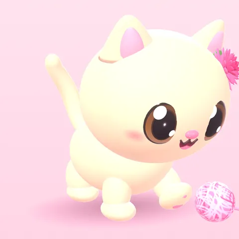 A cream cat with a dahlia, crouched to pounce on a pink yarn ball.
