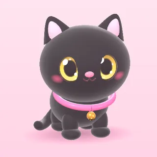 Black cat with gold eyes and a pink bell collar