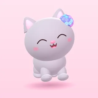 Grey cat smiling, with a hydrangea behind one ear