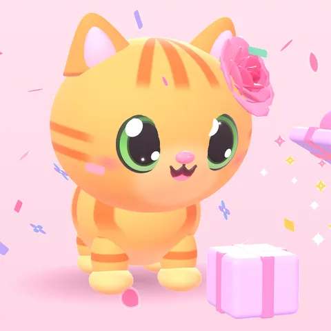 An orange tabby with a rose, opening a pink present in a shower of confetti.