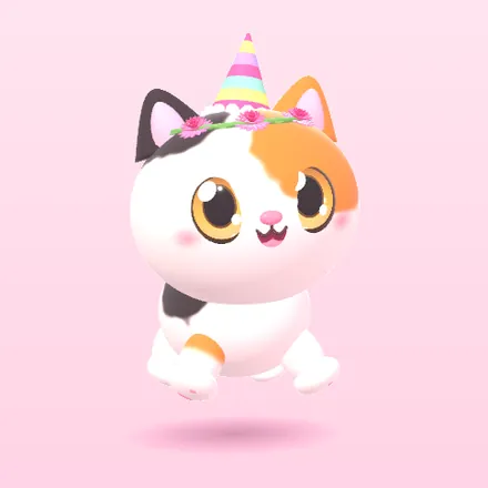 A calico cat mid-jump in a rainbow party hat and dahlia crown.