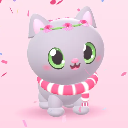 A grey cat bundled in a striped pink scarf, celebrating.