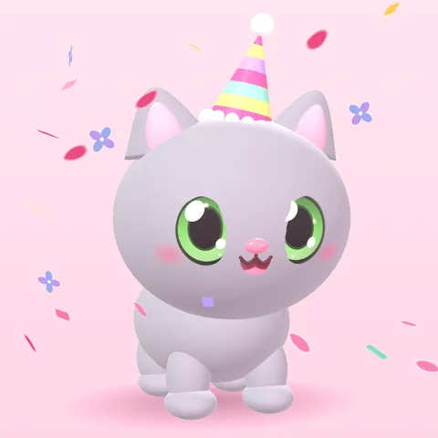 A grey cat in a striped party hat, surrounded by confetti and petals.