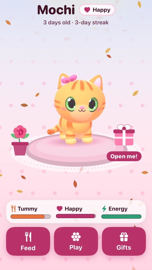 The Purrfect Pal home screen in the afternoon: Mochi, a happy orange tabby with a pink bow, 3 days old on a 3-day streak, sits on her bed looking at you, next to a rose and a wrapped gift marked Open me. Below are Tummy, Happy and Energy bars and big Feed, Play and Gifts buttons.
