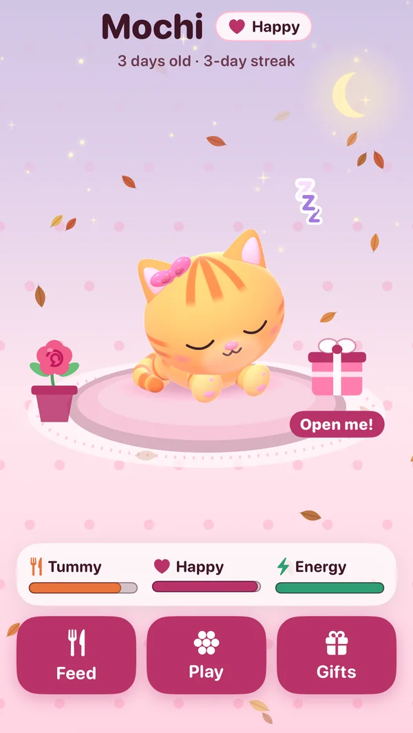 The same room at night: the cat dozes on her bed under a lavender sky with a crescent moon and stars.