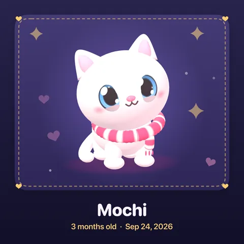 A square photo card in the midnight theme: a white cat in a striped scarf sitting pretty, captioned Mochi, 3 months old.