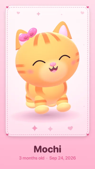 A story-shaped photo card: a happy orange tabby with a pink bow in a pink frame, captioned Mochi, 3 months old, Sep 24, 2026.