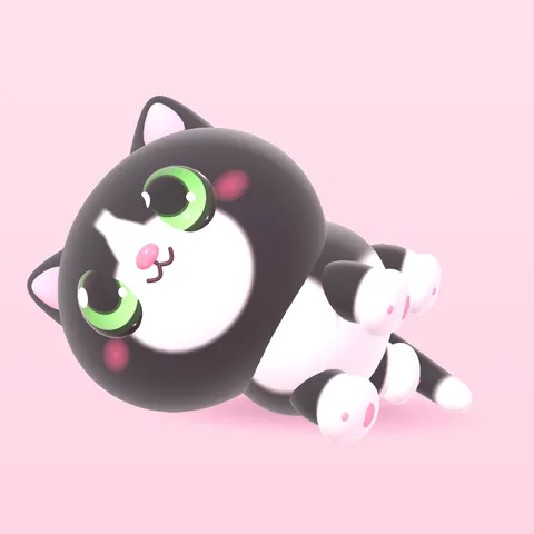 A tuxedo cat flopped on her side, looking up with her toe beans showing.